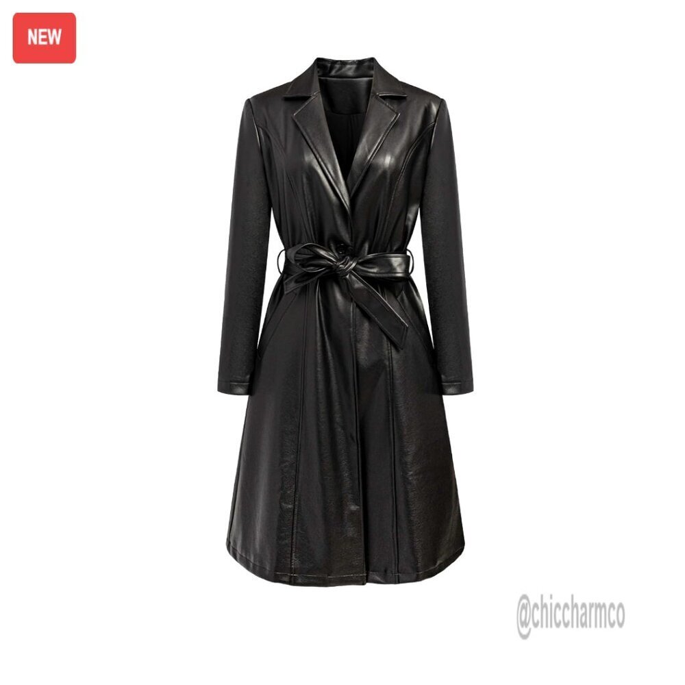 Faux Leather Trench Coat Motorcycle Biker Overcoat With Belt Chic Y2K
